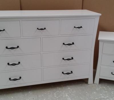 image of Maddison Nine drawer Lowboy + White Lacquer Maddison Three Drawer Bedside